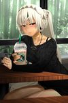  altera_(fate) alternate_costume blush brand_name_imitation coffee drinking_straw fate/grand_order fate_(series) full_body_tattoo highres i-pan light_smile off_shoulder red_eyes solo starbucks table tattoo veil white_hair 