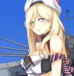  bare_shoulders beret blonde_hair blue_background blue_eyes breasts cleavage dress gloves hair_between_eyes hat kantai_collection large_breasts long_hair looking_at_viewer mole mole_under_eye mole_under_mouth multicolored multicolored_clothes multicolored_dress multicolored_scarf pom_pom_(clothes) richelieu_(kantai_collection) rigging scarf shiragiku1991 simple_background solo strapless strapless_dress upper_body white_gloves 