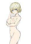  areolae ass blonde_hair blue_eyes blush breast_hold breasts collarbone darjeeling girls_und_panzer groin highres large_breasts navel nipples nude simple_background sketch solo sweatdrop tomliat white_background 