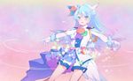  blue_eyes blue_hair cowboy_shot cure_waffle epaulettes food gloves gradient gradient_background highres jacket julio_(precure) kirakira_precure_a_la_mode long_hair magical_boy male_focus multicolored multicolored_background precure ronorono shorts simple_background solo star waffle what_if white_gloves white_jacket 