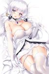  :d azur_lane blue_eyes breasts cleavage commentary detached_collar dress elbow_gloves eyebrows_visible_through_hair garter_straps gloves hair_ornament highres illustrious_(azur_lane) kure_masahiro large_breasts lying mole mole_under_eye on_back open_mouth panties panty_pull side-tie_panties smile solo strap_slip underwear untied untied_panties white white_dress white_gloves white_hair white_panties 