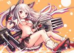  animal_ears ass azur_lane black_panties black_skirt blush braid breasts cannon commentary_request fingerless_gloves gloves long_hair looking_at_viewer medium_breasts navel open_mouth panties pink_eyes sakura_ani short_sleeves single_braid skirt solo tail underboob underwear white_hair yuudachi_(azur_lane) 