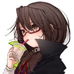  bad_id bad_twitter_id brown_eyes brown_hair cape cup drinking drinking_straw glasses gotoh510 highres holding holding_cup looking_afar low_twintails red-framed_eyewear semi-rimless_eyewear simple_background solo touhou twintails under-rim_eyewear upper_body usami_sumireko white_background wing_collar 