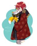  animal blush fox hanten_(clothes) happy holding holding_animal holster japanese_clothes kimono konnosuke kunimitsu male_focus red_hair scarf shinano_toushirou shorts smile solo thigh_holster touken_ranbu 