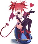  absurdres asano_makura ass bare_shoulders black_gloves black_hair bracelet choker demon_tail disgaea earrings etna flat_chest gloves heart highres jewelry long_hair looking_at_viewer makai_senki_disgaea pointy_ears prinny red_eyes red_hair simple_background sitting sitting_on_person skirt tail thighhighs twintails very_long_hair wings 