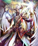  armor highres holding holding_staff horns kei1115 light long_hair looking_at_viewer magic male_focus monster_boy outdoors red_eyes shingoku_no_valhalla_gate staff standing watermark web_address white_hair white_wings wings 