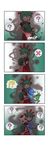  &gt;_&lt; 4girls 4koma :3 :o ? @_@ ^_^ absurdres blue_hair closed_eyes comic glomp green_hair group_hug hat hat_removed headwear_removed highres hug hug_from_behind inubashiri_momiji kagiyama_hina kasodani_kyouko kawashiro_nitori multiple_girls rakugaki-biyori silent_comic spoken_interrobang spoken_question_mark spoken_x touhou white_hair x3 