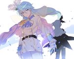  belt blue_eyes blue_hair cape cow_(shadow) cravat cure_waffle double-breasted dual_persona dutch_angle epaulettes gloves julio_(precure) kirakira_precure_a_la_mode light_smile long_hair looking_at_viewer male_focus multiple_boys pikario_(precure) precure simple_background spoilers transparent_wings white_background white_gloves 