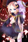  abigail_williams_(fate/grand_order) awa_(rosemarygarden) back-to-back black_bow black_dress black_hat blonde_hair bloomers blue_eyes bow closed_mouth dress fate/grand_order fate_(series) gothic_lolita hair_bow hair_ornament hat horn lavinia_whateley_(fate/grand_order) lolita_fashion long_hair long_sleeves looking_at_another looking_at_viewer looking_back multiple_girls object_hug orange_bow polka_dot polka_dot_bow purple_eyes purple_hair sleeves_past_wrists smile standing stuffed_animal stuffed_toy teddy_bear underwear white_bloomers wide-eyed 
