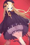 abigail_williams_(fate/grand_order) bangs barbed_wire black_bow black_dress black_hat blonde_hair bloomers blue_eyes bow bug butterfly covered_mouth dress eyebrows_visible_through_hair fate/grand_order fate_(series) hat highres ichijou_(kr_neru0) insect long_hair long_sleeves looking_at_viewer orange_bow parted_bangs polka_dot polka_dot_bow red_background sleeves_past_fingers sleeves_past_wrists solo stuffed_animal stuffed_toy teddy_bear underwear v-shaped_eyebrows very_long_hair 