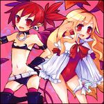  bad_id bad_pixiv_id belt blonde_hair boots commentary_request demon_tail disgaea disgaea_d2 etna flat_chest flonne flonne_(fallen_angel) gloves highres long_hair looking_at_viewer multiple_girls navel red_eyes red_hair scottish09 tail thigh_boots thighhighs twintails 