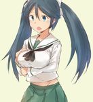  black_hair black_neckwear blouse blue_eyes breasts cosplay cowboy_shot girls_und_panzer green_sailor_collar green_skirt hair_ribbon isuzu_(kantai_collection) kantai_collection large_breasts long_hair long_sleeves neckerchief ooarai_school_uniform open_mouth pleated_skirt ribbon sailor_collar satsumi school_uniform serafuku skirt solo twintails white_blouse white_ribbon yellow_background 