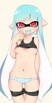  aqua_hair bike_shorts breasts commentary domino_mask fang highres inkling iriehana mask nipples panties pointy_ears red_eyes shirt_lift shorts shorts_pull singlet small_breasts splatoon_(series) striped striped_panties tentacle_hair underwear 