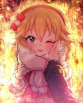  blonde_hair blurry blush bokeh breath commentary depth_of_field green_eyes hairband hand_on_another's_face idolmaster idolmaster_cinderella_girls looking_at_viewer one_eye_closed out_of_frame pov pov_hands sakurai_momoka scarf shinonoko_(tubamecider) short_hair smile solo_focus wavy_hair 