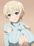  1girl :9 blonde_hair blue_eyes blush brave_witches breast_squeeze breasts censored cleavage cleavage_cutout closed_mouth cum cum_on_breasts erect_nipples erect_nipples_under_clothes highres huge_breasts long_sleeves looking_at_viewer miyamaya mosaic_censoring nikka_edvardine_katajainen no_bra paizuri penis perpendicular_paizuri short_hair simple_background smile solo_focus sweatdrop sweater turtleneck turtleneck_sweater upper_body world_witches_series 
