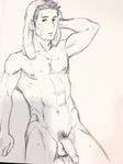  1boy abs male_focus muscle nipples nude penis sketch solo testicles towel tsukumo_gou wet 
