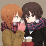  2girls blush brown_eyes brown_hair girls_und_panzer multiple_girls mutsu_(layergreen) nishizumi_maho nishizumi_miho scarf smile yuri 