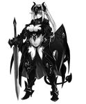  armor blush boots breasts cape closed_mouth commentary_request dark_knight_(monster_girl_encyclopedia) demon_girl demon_horns demon_tail eyebrows_visible_through_hair full_body gorget greaves greyscale hair_intakes hand_on_hilt headpiece high_heel_boots high_heels highres holding holding_sword holding_weapon horns kenkou_cross large_breasts legs_apart long_hair long_sword looking_at_viewer monochrome monster_girl_encyclopedia official_art one_eye_covered pointy_ears ponytail pubic_tattoo revealing_clothes shield shoulder_armor simple_background smile solo spaulders standing succubus_(monster_girl_encyclopedia) sword tail tattoo weapon white_background 