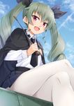  :d anchovy anzio_school_uniform black_ribbon cape crossed_legs drill_hair dutch_angle girls_und_panzer green_hair hair_ribbon lens_flare light_rays miri_(ago550421) necktie open_mouth pantyhose pleated_skirt red_eyes ribbon riding_crop signature sitting skirt smile solo twin_drills white_legwear wing_collar 