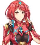  breasts earrings fingerless_gloves gloves hair_ornament homura_(xenoblade_2) jewelry joy-con kamu_(kamuuei) large_breasts looking_at_viewer nintendo_switch red_eyes red_hair short_hair simple_background smile solo tiara white_background xenoblade_(series) xenoblade_2 