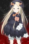  :o abigail_williams_(fate/grand_order) bangs black_bow black_dress black_hat blonde_hair bloomers blue_eyes bow bug butterfly commentary_request dress fate/grand_order fate_(series) hair_bow hat insect long_hair long_sleeves looking_at_viewer object_hug orange_bow parted_bangs parted_lips polka_dot polka_dot_bow sleeves_past_fingers sleeves_past_wrists solo stuffed_animal stuffed_toy swon_(joy200892) teddy_bear underwear very_long_hair white_bloomers 