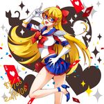  :d aino_minako bare_legs bishoujo_senshi_sailor_moon blonde_hair blue_eyes blue_footwear blue_sailor_collar blue_skirt bow card choker cowboy_shot dated gloves hair_bow half_updo hand_on_hip heart high_heels long_hair looking_at_viewer magical_girl mask open_mouth playing_card pleated_skirt red_bow sailor_collar sailor_senshi_uniform sailor_v shoulder_pads skirt smile solo standing standing_on_one_leg v white_background white_gloves white_neckwear yoji. 
