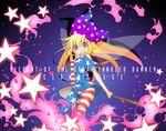  american_flag_dress american_flag_legwear bangs bare_arms blonde_hair breasts closed_mouth clownpiece commentary_request danmaku dress fire hat highres holding jester_cap long_hair looking_at_viewer medium_breasts mei_mu neck_ruff pantyhose polka_dot purple_eyes purple_hat short_dress short_sleeves smile solo star star_print striped striped_dress striped_legwear torch touhou 