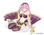  bare_shoulders black_legwear blush breasts bridal_gauntlets clenched_teeth commentary cosplay fan fire_emblem fire_emblem:_kakusei fire_emblem_heroes fire_emblem_if grin hairband ippers jewelry long_hair lying medium_breasts midriff navel olivia_(fire_emblem) olivia_(fire_emblem)_(cosplay) pelvic_curtain pink_eyes pink_hair sandals see-through smile soleil_(fire_emblem_if) solo teeth twitter_username 