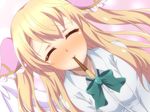  ange_vierge angel_wings blonde_hair blush closed_eyes dutch_angle food incoming_kiss incoming_pocky_kiss long_hair pocky pocky_kiss ramiel_(ange_vierge) shared_food single_wing solo twintails wings yamiochi_umekichi 