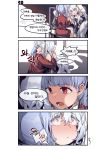  2girls 4koma absurdres aningay blue_eyes comic eyebrows_visible_through_hair female_commander_(girls_frontline) girls_frontline hair_between_eyes highres hug korean_text long_hair long_sleeves lying military military_uniform multiple_girls on_back on_bed open_mouth parted_lips red_eyes ribeyrolles_1918_(girls_frontline) silver_hair sitting twintails uniform 