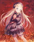  abigail_williams_(fate/grand_order) artist_name bangs black_bow black_dress black_hat blonde_hair bloomers blue_eyes bow bug butterfly closed_mouth commentary_request dress embers eyebrows_visible_through_hair fate/grand_order fate_(series) fire hat insect long_hair long_sleeves looking_at_viewer object_hug orange_bow parted_bangs polka_dot polka_dot_bow roang sleeves_past_wrists solo stuffed_animal stuffed_toy teddy_bear underwear very_long_hair white_bloomers 