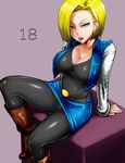  android_18 arm_support blonde_hair blue_eyes breasts dragon_ball dragon_ball_z earrings highres jewelry large_breasts looking_at_viewer okyou open_mouth panties pantyhose pantyshot pantyshot_(sitting) short_hair sitting skirt solo tongue tongue_out underwear 