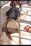  artist_name ass back bare_legs barefoot book brown_eyes brown_hair commentary_request feet food hair_ribbon highres ise_(kantai_collection) kantai_collection looking_at_viewer looking_back lying on_stomach open_book pocky ponytail ribbon seitei_(04seitei) short_hair smile soles solo toes undershirt 