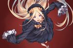  :d abigail_williams_(fate/grand_order) blonde_hair blue_eyes dress essual_(layer_world) fate/grand_order fate_(series) from_above hair_ribbon hat long_hair long_sleeves looking_at_viewer open_mouth red_background ribbon sleeves_past_fingers sleeves_past_wrists smile solo spinning 