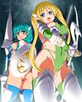  absurdres anime_coloring armor bikini_armor blonde_hair blue_eyes blue_hair bow_(weapon) breasts capitan_(tsyoujo) covered_nipples elf forest gauntlets grey_eyes highres holding holding_weapon large_breasts long_hair looking_at_viewer multiple_girls nature open_mouth original pointy_ears polearm shield thighhighs twintails weapon 