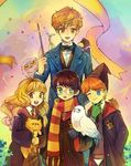  1girl 4boys blue_eyes bowtie bowtruckle brown_eyes brown_hair cat crest crookshanks demiguise fantastic_beasts_and_where_to_find_them glasses gloves green_eyes green_gloves harry_james_potter harry_potter hat hedwig hermione_granger multiple_boys necktie newt_scamander niffler open_mouth orange_hair owl pleated_skirt rat robes ron_weasley scabbers scarf school_uniform smile striped_necktie striped_scarf time_paradox waistcoat wand wink 