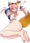  1girl animal_ears ass barefoot breasts brown_eyes caster_(fate/extra) fate/grand_order feet fox_ears fox_tail kitsune large_breasts long_hair one_eye_closed open_mouth pink_hair soles tamamo_no_mae_(swimsuit_lancer)_(fate) toes twintails wink 