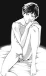  1boy barefoot flaccid male_focus monochrome nude penis sitting solo testicles tsukumo_gou 