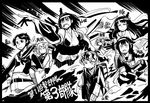  asagumo_(kantai_collection) comic commentary fusou_(kantai_collection) greyscale kantai_collection michishio_(kantai_collection) mogami_(kantai_collection) monochrome multiple_girls one_eye_closed open_mouth outstretched_arm sakazaki_freddy shaded_face shigure_(kantai_collection) shouting translated yamagumo_(kantai_collection) yamashiro_(kantai_collection) 