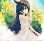  bangs blue_hair commentary_request cowboy_shot dress flower hair_between_eyes hat highres holding long_hair looking_at_viewer love_live! love_live!_school_idol_project solo sonoda_umi straw_hat sundress sunflower yellow_eyes yudough 