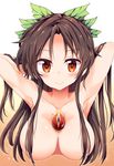  areolae armpits arms_behind_head arms_up bangs blush bow breasts brown_hair closed_mouth collarbone cropped_torso eyebrows_visible_through_hair forehead gradient gradient_background green_bow hair_bow hair_censor hair_over_breasts highres lips long_hair looking_at_viewer maturiuta_sorato nude orange_background red_eyes reiuji_utsuho sidelocks smile solo third_eye touhou upper_body white_background yellow_background 