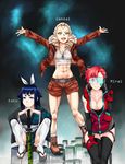  3girls :&lt; :d ;) abs artist_name asymmetrical_bangs axent_wear bangs bare_shoulders belt black_legwear blonde_hair blue_eyes blue_hair blunt_bangs breasts brown_footwear brown_jacket brown_shorts cat_ear_headphones character_name cleavage closed_mouth collarbone commentary crop_top cross-laced_footwear detached_sleeves drill_hair eyebrows_visible_through_hair fang freckles fur_trim genzai_(sereneandsilent) gloves green_eyes groin hair_flaps hair_pulled_back hair_ribbon hand_on_own_thigh hands_on_hilt headphones hexagon highres honeycomb_(pattern) honeycomb_print hood hooded_jacket jacket japanese_clothes jewelry kako_(sereneandsilent) kimono large_breasts long_sleeves looking_at_viewer medium_breasts midriff mirai_(sereneandsilent) multiple_girls necklace obi one_eye_closed open_clothes open_jacket open_mouth original outstretched_arms pointy_ears red_eyes red_gloves red_hair ribbon sandals sash sereneandsilent sheath sheathed shirt shorts sitting smile socks sparkle standing star_tattoo sword tattoo thighhighs twin_drills unzipped v v-shaped_eyebrows visor weapon white_legwear white_ribbon white_shirt zipper 