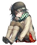  alternate_costume beanie black_hat black_legwear blush boots closed_mouth coat eyebrows_visible_through_hair eyepatch finger_to_face full_body green_eyes green_hair grey_coat grey_footwear hair_between_eyes hat hat_over_hat kantai_collection kiso_(kantai_collection) knee_boots knees_up legs_apart long_sleeves looking_at_viewer miniskirt one_eye_covered pantyhose plaid plaid_skirt pleated_skirt red_skirt short_hair simple_background sitting skirt sleeves_past_wrists smile solo thighband_pantyhose twitter_username underwear white_background winter_clothes winter_coat yuihira_asu 