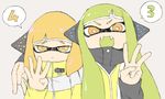  commentary_request domino_mask earphones fangs green_hair headgear highres inkling iriehana long_hair mask multiple_girls open_mouth orange_eyes orange_hair pointy_ears smile splatoon_(series) splatoon_2 squidbeak_splatoon tentacle_hair yellow_coat 