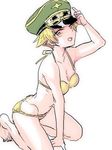  adjusting_clothes adjusting_hat arm_support bikini blonde_hair breasts erwin_(girls_und_panzer) girls_und_panzer goggles goggles_on_headwear green_hat hat kneeling light_smile looking_at_viewer medium_breasts military_hat open_mouth peaked_cap pointy_hair rinoko short_hair simple_background sketch solo swimsuit white_background yellow_bikini yellow_eyes 