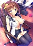  :o aikawa_tatsuki bangs black_legwear blue_panties blue_skirt blush bow breasts brown_hair cameltoe chair cleavage collarbone commentary_request computer covered_nipples eyebrows_visible_through_hair hair_bow headphones headphones_removed holding holding_headphones indoors keyboard_(computer) knees_together_feet_apart large_breasts light_censor long_hair looking_at_viewer monitor mouse_(computer) no_bra office_chair open_clothes open_shirt original panties parted_lips pleated_skirt purple_eyes school_uniform serafuku shirt short_sleeves side_ponytail sidelocks sitting skirt skirt_lift solo table thighhighs underwear white_shirt wireless_mouse wooden_floor yellow_bow 
