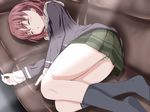  black_legwear brown_hair couch full_body green_skirt hair_ornament hairclip indoors jii_kooji just_because! lying natsume_mio on_side panties pantyshot pantyshot_(lying) skirt sleeping socks solo striped striped_panties underwear 