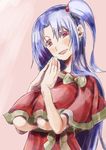  bobbles breasts capelet commentary_request dress huge_breasts long_hair looking_at_viewer open_mouth red_dress red_eyes shinki silver_hair smile touhou touhou_(pc-98) underboob yohane 