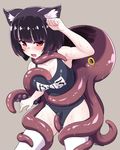  animal_ears azur_lane black_hair blush breasts cleavage commentary_request eyebrows_visible_through_hair fang highres kanabuso medium_breasts octopus one-piece_swimsuit open_mouth purple_background red_eyes school_uniform short_hair simple_background solo swimsuit tentacles wet yamashiro_(azur_lane) 