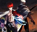  abs archer bow_(weapon) cape dark_skin dark_skinned_male emiya_shirou fate/grand_order fate_(series) igote japanese_clothes limited/zero_over looking_at_viewer male_focus matsuya_(pile) multiple_boys orange_hair weapon white_cape white_hair yellow_eyes 